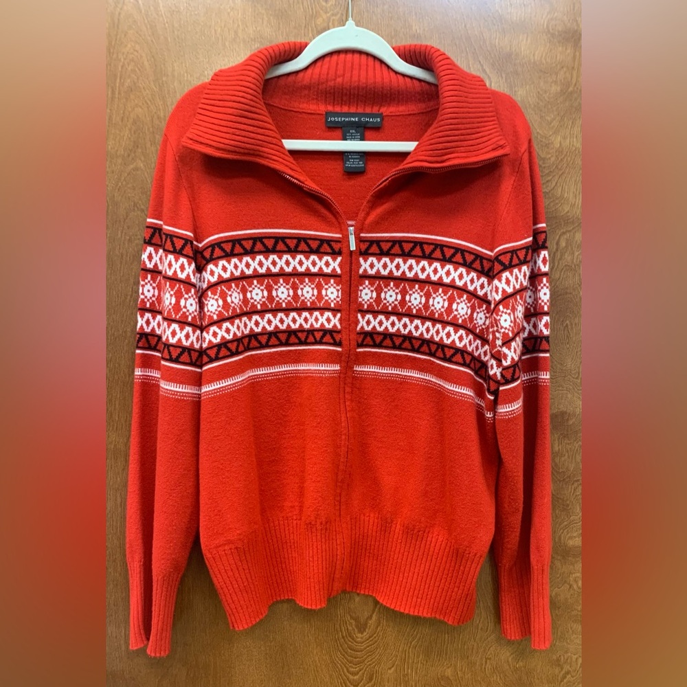 Josephine Chaus Fair Isle red zippered winter sweater/cardigan
